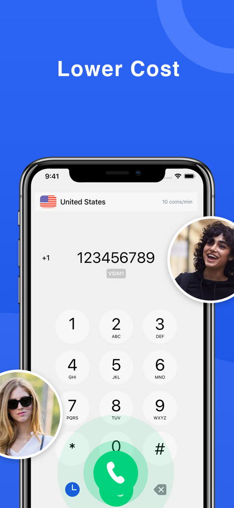 Captura de pantalla de la aplicación VCall que muestra un marcador de teléfono móvil para llamadas internacionales de bajo costo y un número de teléfono virtual de EE. UU.