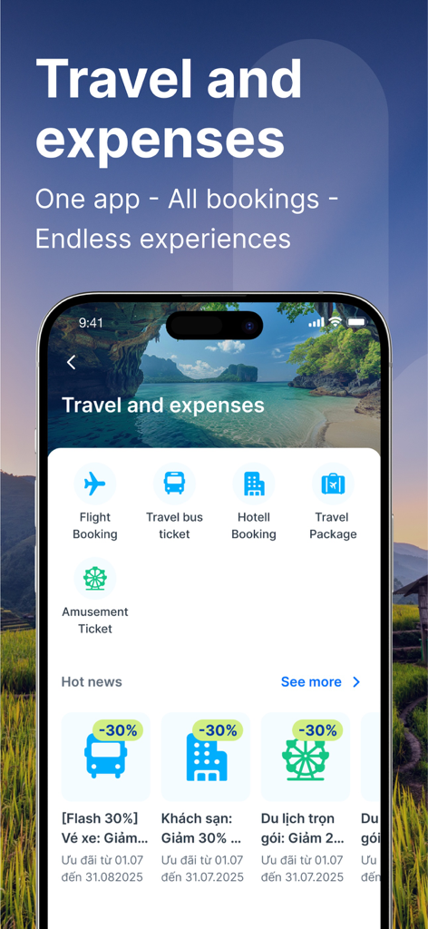 ACB ONE - Interface do aplicativo ACB ONE para reserva de voos, hotéis e pacotes de viagem com descontos