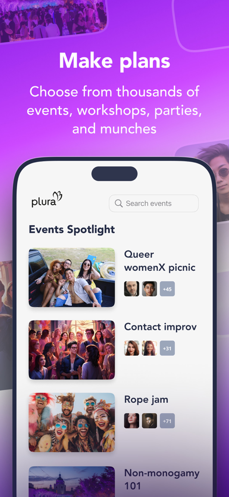 Ein Smartphone, das die Plura-App-Oberfläche mit einer Liste von Community-Events wie Queer-Picknicks und Workshops anzeigt.