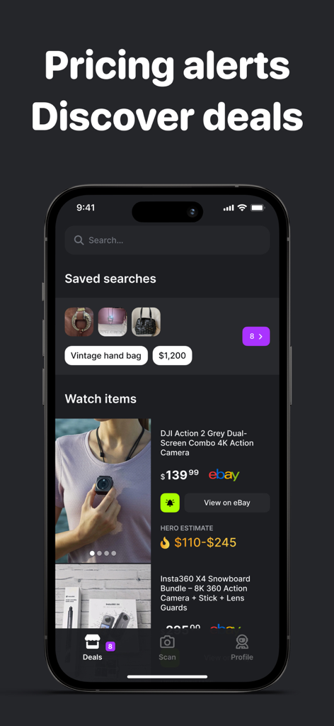Hero: Sell, Price & List Fast - Mobile interface of the Hero app displaying saved searches and pricing alerts for reselling items on eBay and Facebook Marketplace.