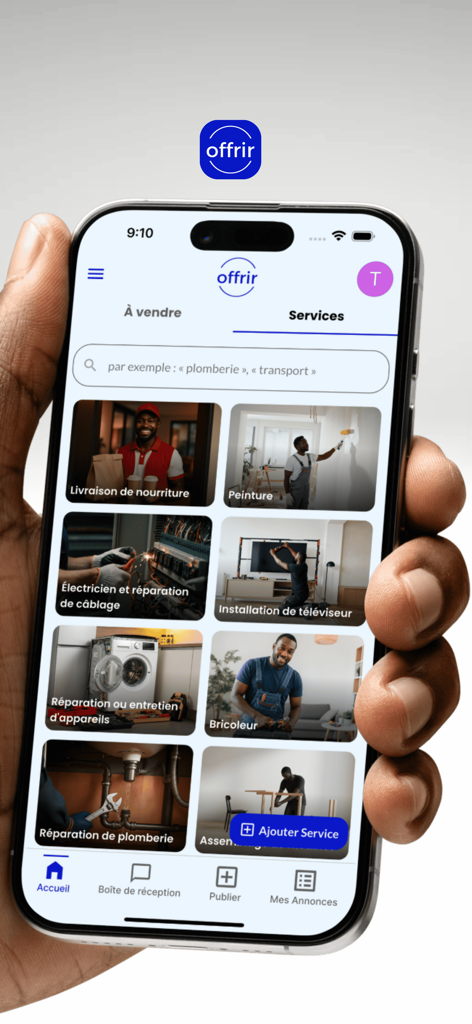 Offrir - Achetez,Vendez,Louez - Offrir 마켓플레이스에서 사용 가능한 다양한 서비스 카테고리를 보여주는 모바일 앱 화면