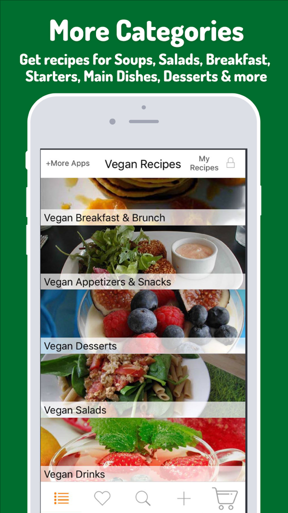 Interface of the Vegan Recipes app showing various meal categories like breakfast and appetizers