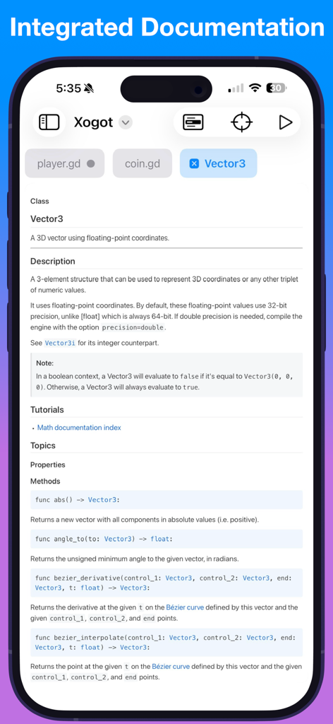 Xogot: Godot for iPad & iPhone - Xogot app displaying integrated Godot API documentation for the Vector3 class on iPhone