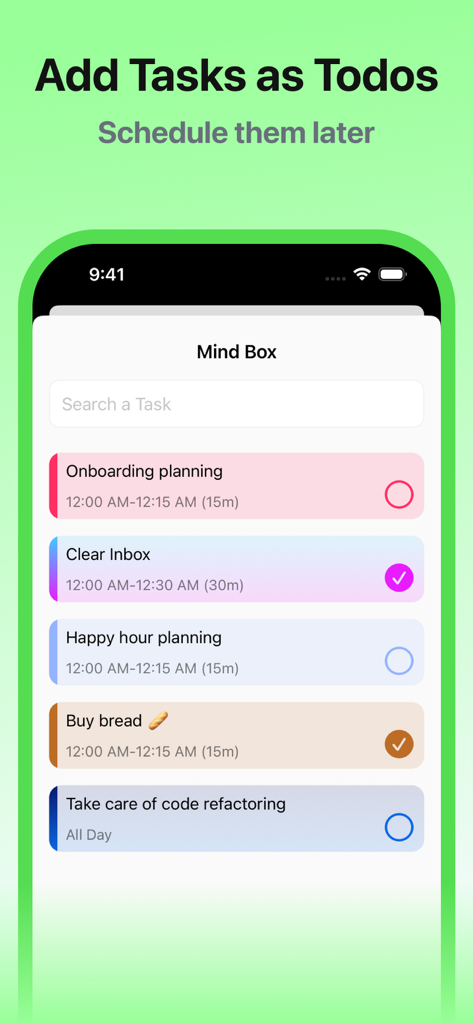 Daily Schedule Planner - MyDay - MyDay app Mind Box interface showing a list of scheduled tasks