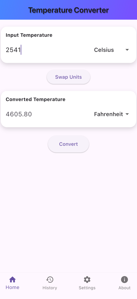 TempMate 모바일 앱 화면. 깔끔한 사용자 인터페이스로 섭씨에서 화씨로의 변환을 보여줍니다.