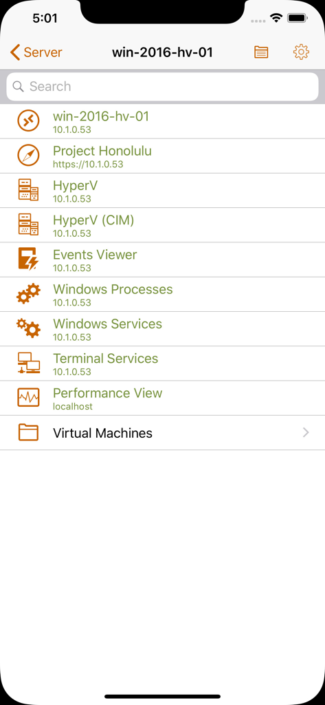 Server management dashboard in Royal TSi Lite showing Hyper-V Windows processes and event viewer tasks