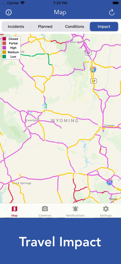 Wyoming Road Conditions - Wyoming Road Conditions app map screen showing color coded travel impact levels across the state.