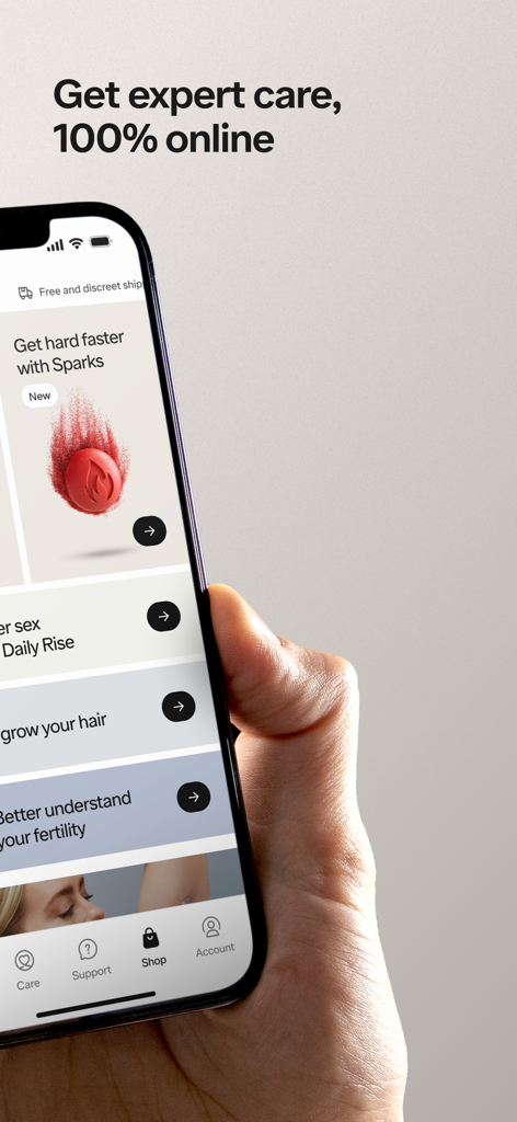 Ro: Online Healthcare - A hand holding a smartphone displaying the Ro healthcare app home screen with medical service options