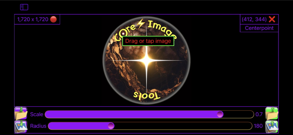 Core Image Tools - Core Image Tools mobile application interface showing scale and radius adjustment sliders
