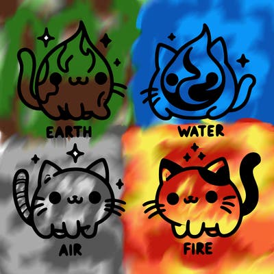 4 cats that represent the different elements, earth, water, air, and fire