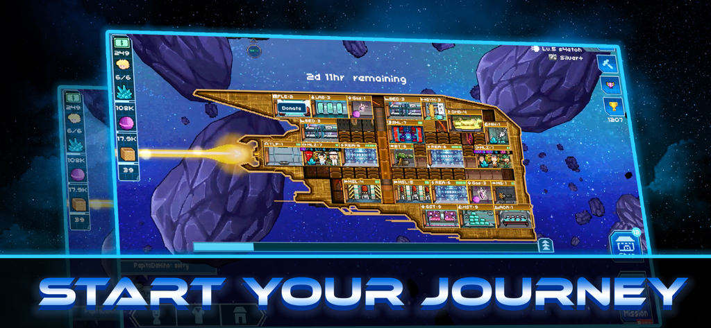 Pixel Starships™ - Cross section of a pixel art starship showing internal rooms and crew in space