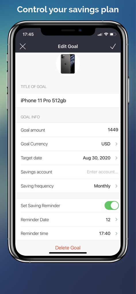 Edit goal screen in the Money Goals savings app showing a target for an iPhone purchase.