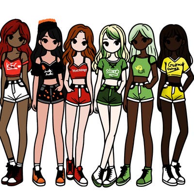 a group of girls wearing crop tops and shorts