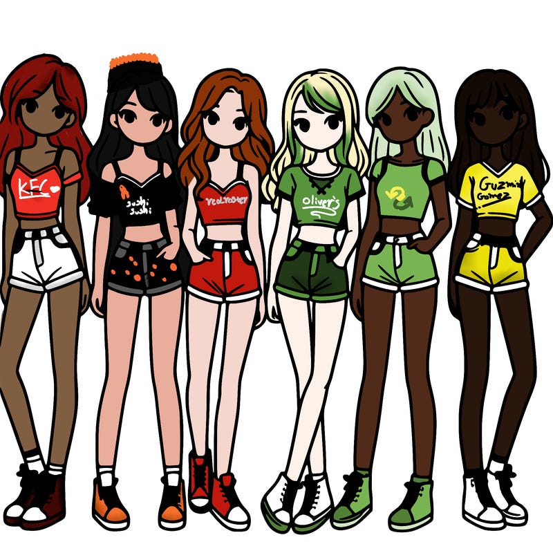 a group of girls wearing crop tops and shorts