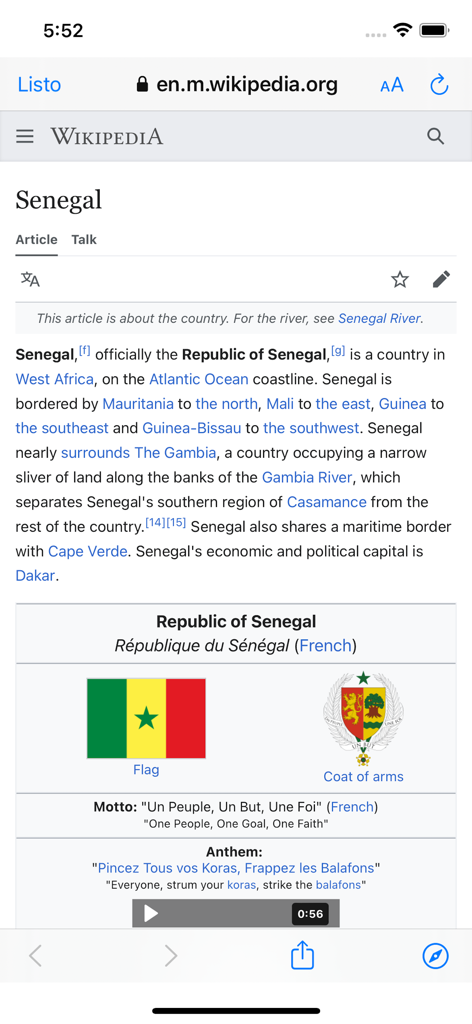 Flags & Countries Quiz! - In-app Wikipedia view for Senegal featuring its flag and coat of arms.