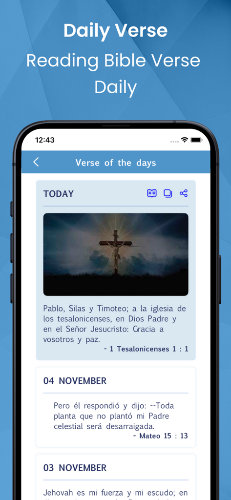 La Santa Biblia. Spanish Bible - Interface of La Santa Biblia app showing daily Bible verses in Spanish with a devotional image