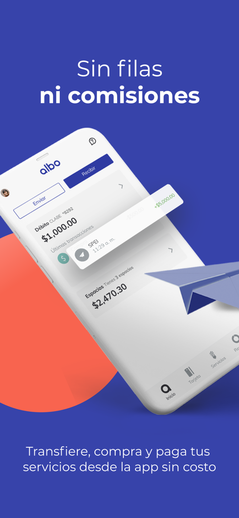 albo - Tu dinero, más tuyo - Pantalla de la app de banca móvil de albo que muestra el saldo y servicios de transferencia de dinero sin comisiones en español