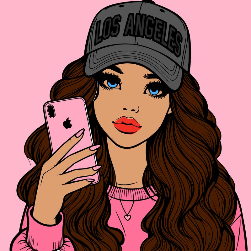 realistic beautiful girl wearing los ángeles cap holding an iphone