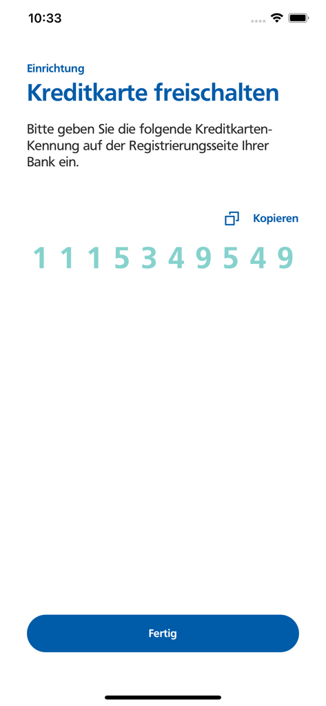 BBBank SecureGo+ - Bildschirm der BBBank SecureGo App mit einer numerischen Code-Anzeige zur Kreditkartenaktivierung