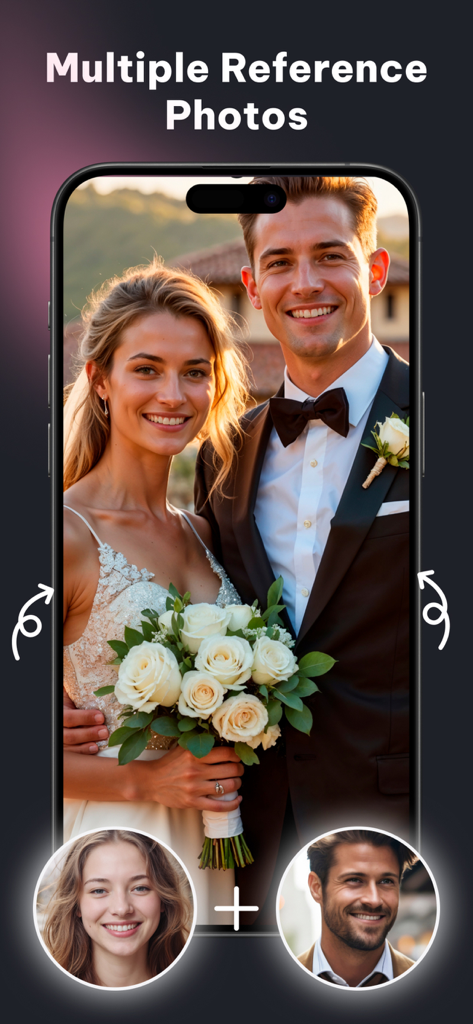 Regen app interface showing a wedding portrait created from two separate reference photos using AI