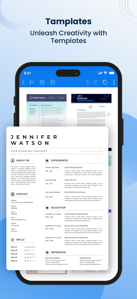 Mobile app interface showing professional document templates including a resume and newsletter.