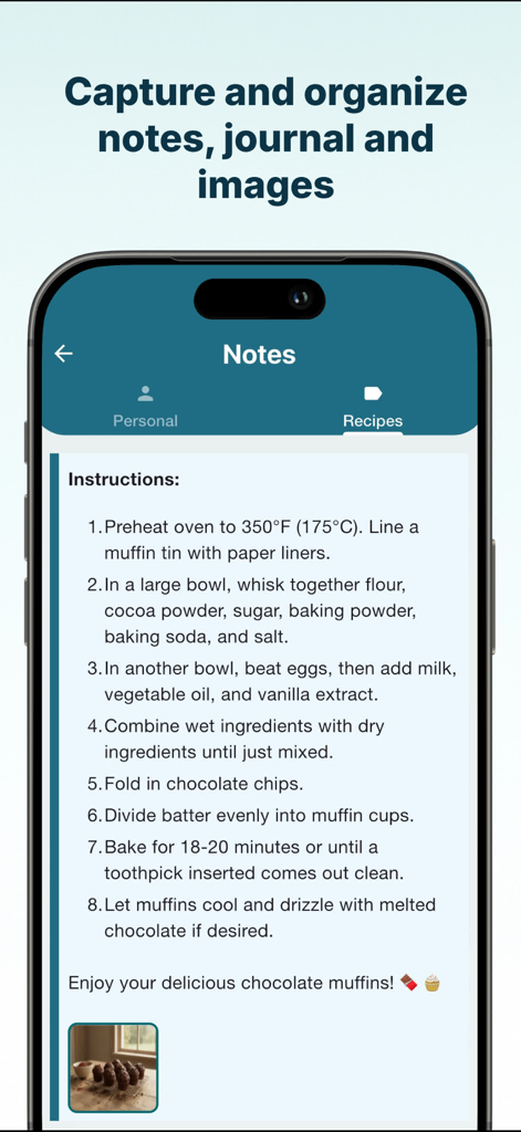 Memozy app notes screen displaying a chocolate muffin recipe with instructions