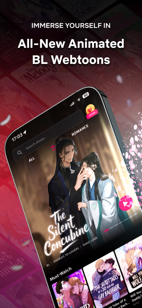 Interface of BlinkToon app featuring animated BL webtoons like The Silent Concubine.