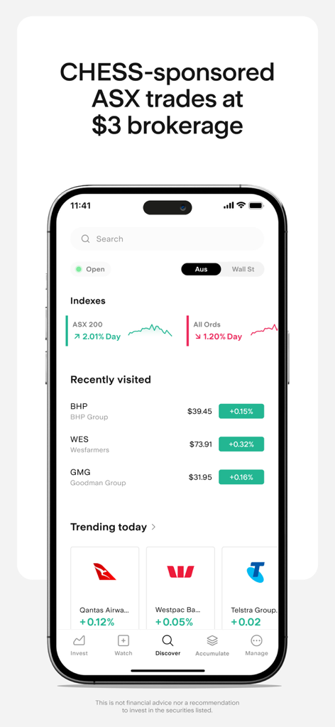 Stake – Stocks | ETFs | SMSF - Stake mobile app interface showing Australian stock market indexes and trending ASX shares.