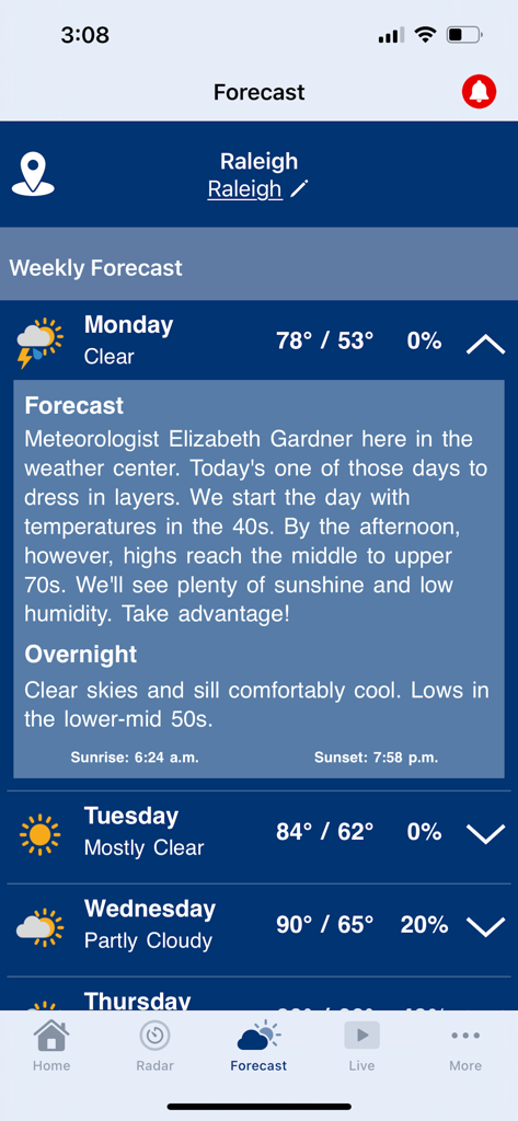 WRAL Weather - Weekly weather forecast screen for Raleigh North Carolina on the WRAL Weather mobile app