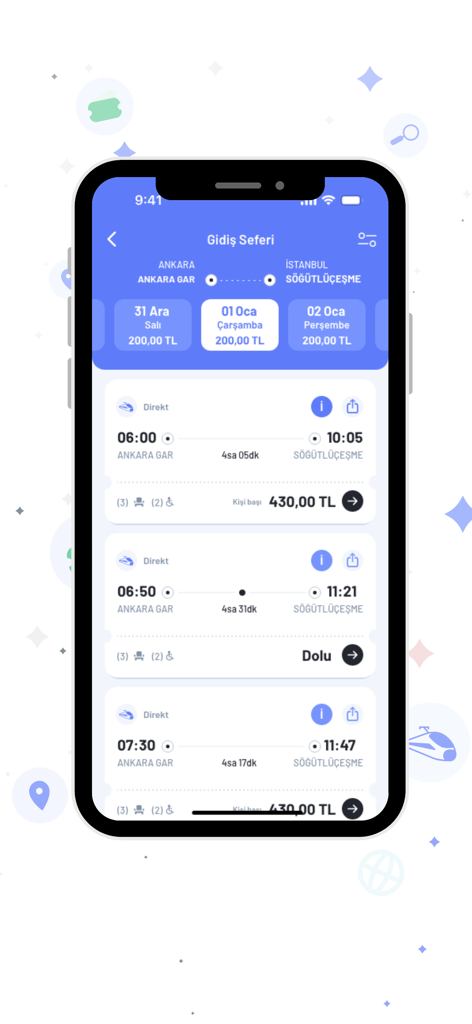 E-Bilet app interface showing high-speed train ticket search results for travel between Ankara and Istanbul