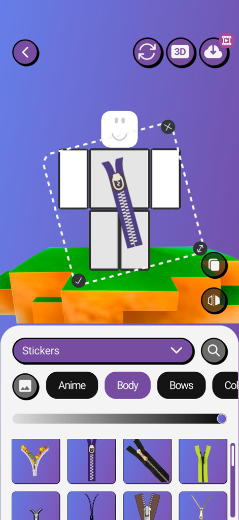 Mods & Skins Studio for Roblox - Personalizando un avatar de personaje Roblox blanco con una pegatina de cremallera morada en la app Skins Studio.