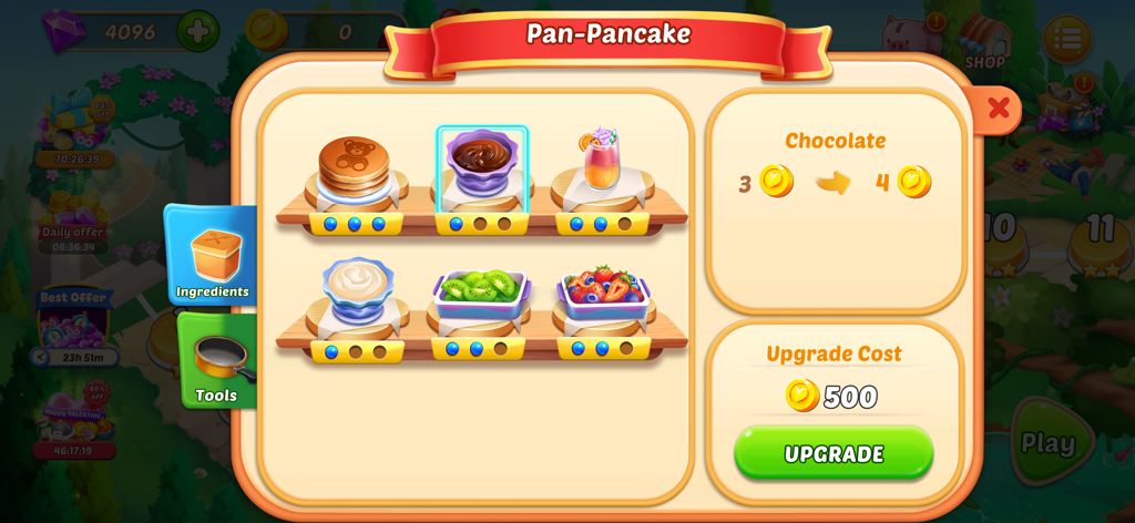 Chef Adventure: Cooking Games - Upgrade menu for pancake ingredients in Chef Adventure showing chocolate sauce and fruit toppings