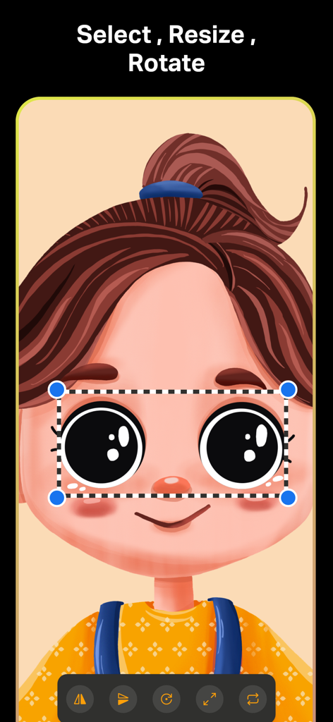 Uma ilustração digital do rosto de um personagem mostrando a interface da ferramenta de selecionar, redimensionar e girar no aplicativo Sketch Pro
