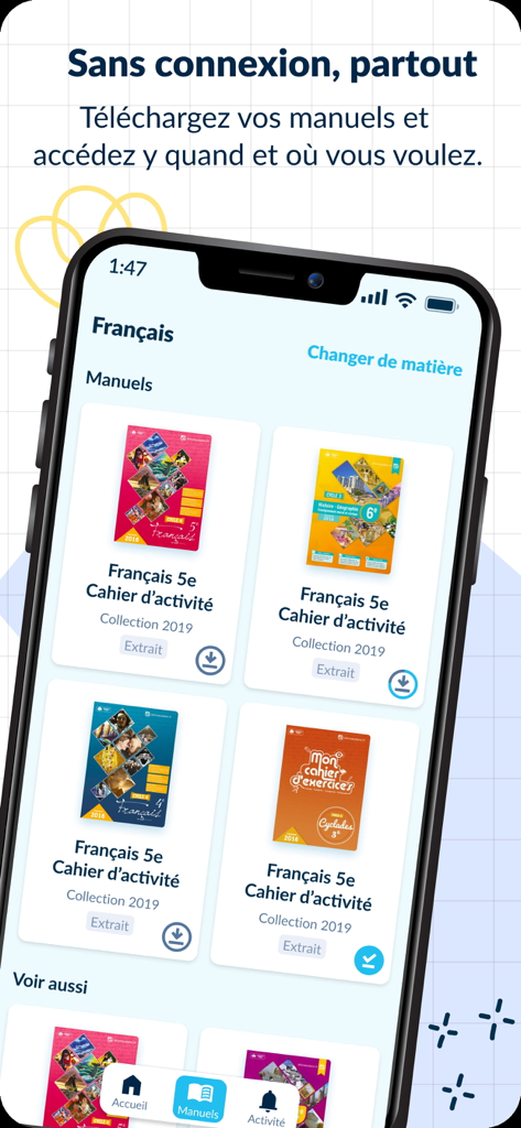 Lelivrescolaire.fr - Bibliothèque de l'application mobile Lelivrescolaire montrant des manuels numériques français pour une utilisation hors ligne.