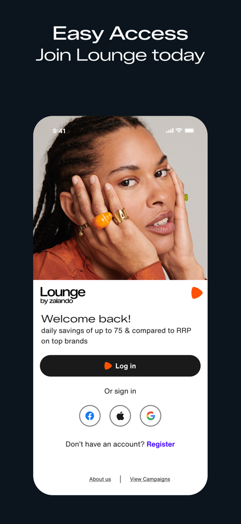 Lounge by Zalando | Outlet - Lounge by Zalando app login screen featuring a fashion model and social media sign-in options