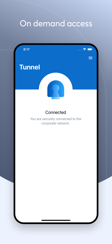 Tunnel (new) - Workspace ONE - 企業ネットワークへの安全な接続を示すWorkspace ONE Tunnelアプリのインターフェース