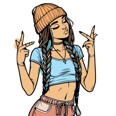 realistic teenage girl with braids and a beanie and crop top doing 🫶🏼