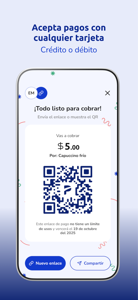 Pantalla de la app móvil Poket que muestra un código QR para un pago de cinco dólares para una transacción comercial