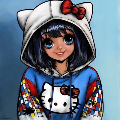 a girl wearing a hello kitty sweater with hood also realistic