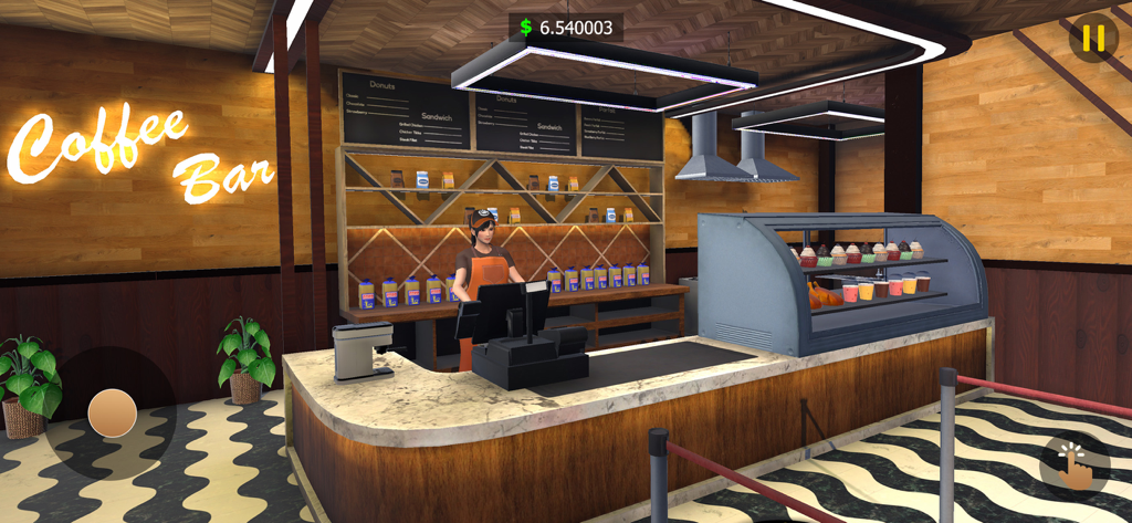 Coffee cafe Tycoon simulator - First-person view of a coffee bar counter with a barista and display case in Coffee Cafe Tycoon Simulator.