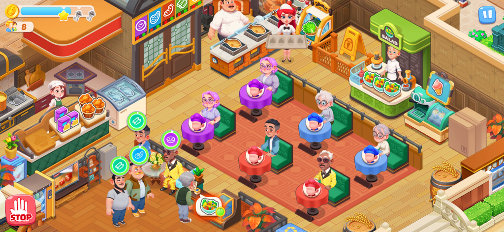 忙しいカートゥーンレストランのトップダウンビュー。顧客がテーブルに座り、スタッフが食事を提供しています。