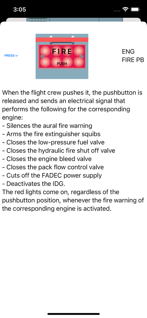 A330Cockpit - Detailed explanation of the engine fire push button functions in an Airbus A330 cockpit app