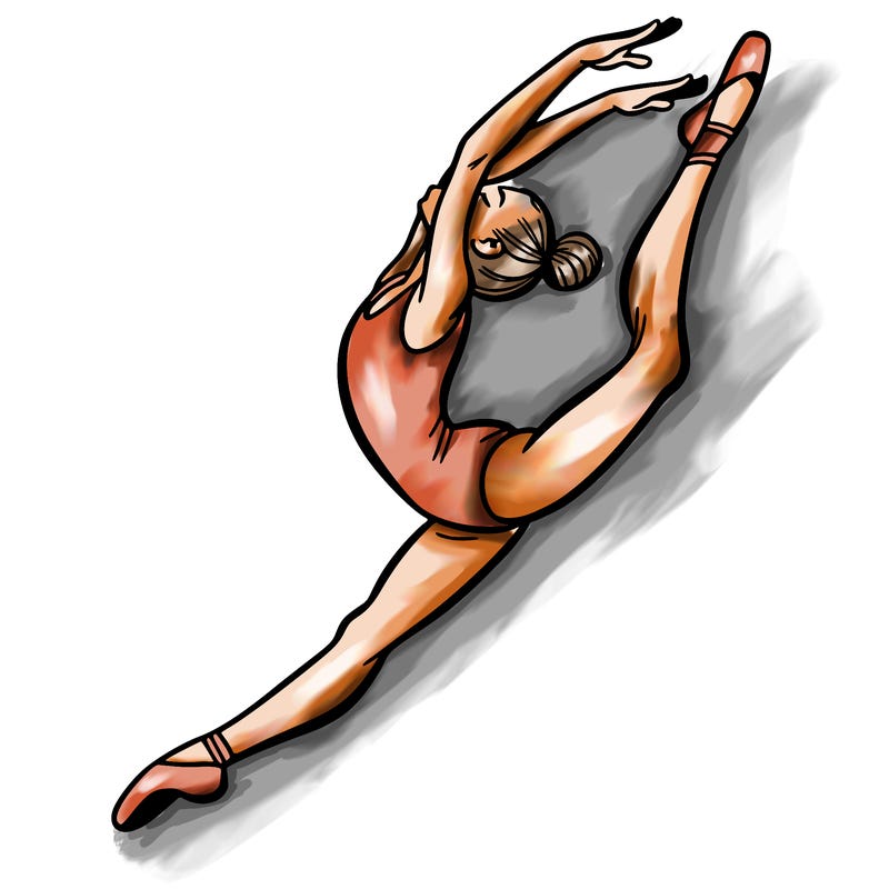 gymnast doing a leap in a leotard with a bent back leg