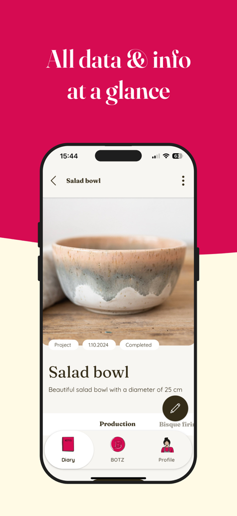 BOTZ Diary - Pantalla de la aplicación móvil que muestra una entrada detallada de un proyecto de cerámica para un cuenco de ensalada hecho a mano en la aplicación BOTZ Diary.