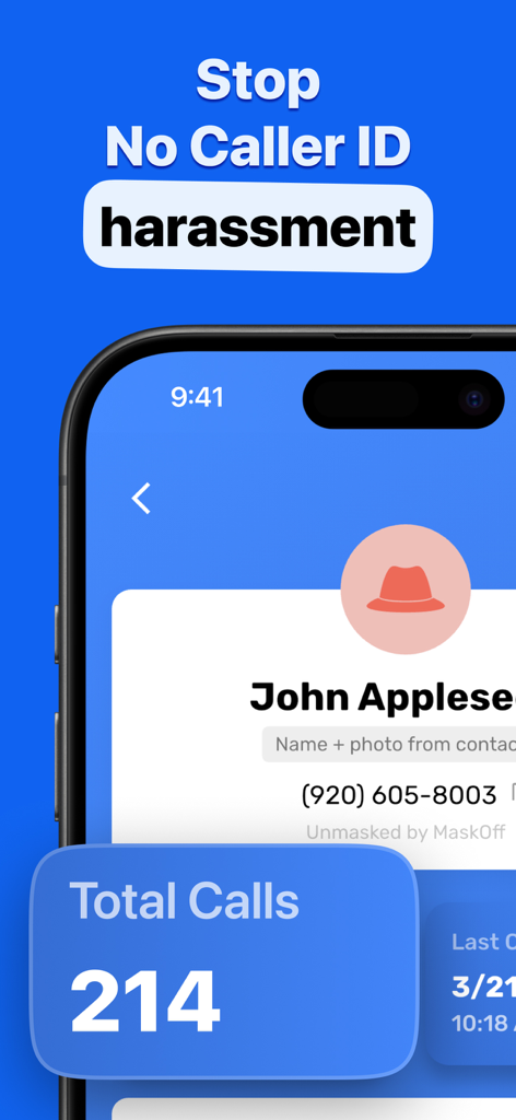 Reveal No Caller ID – MaskOff - MaskOff app interface showing a revealed phone number and call tracking dashboard to stop harassment