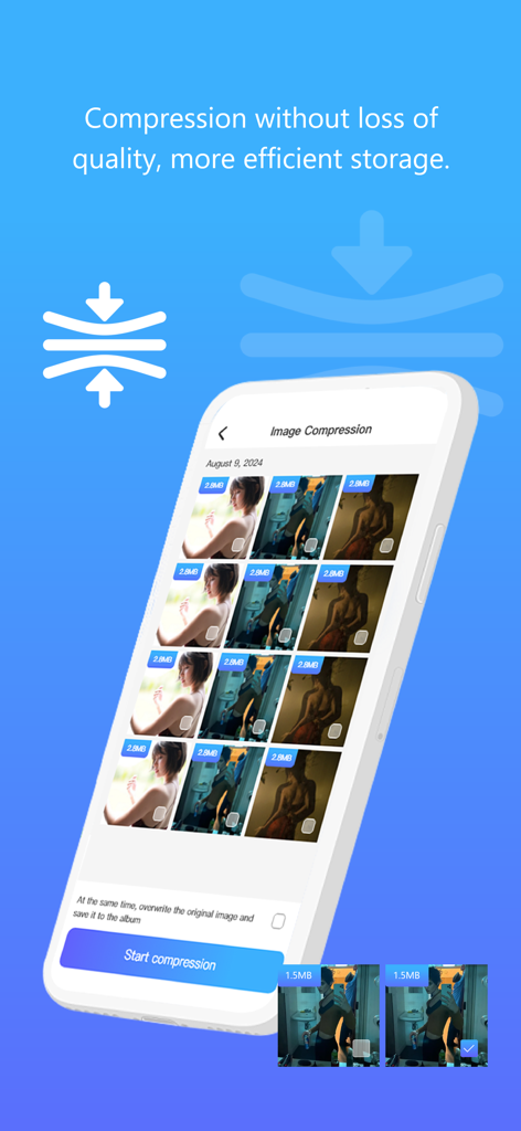 Interfaz de la aplicación Flash Cleaner que muestra la función de compresión de imágenes para ahorrar espacio de almacenamiento