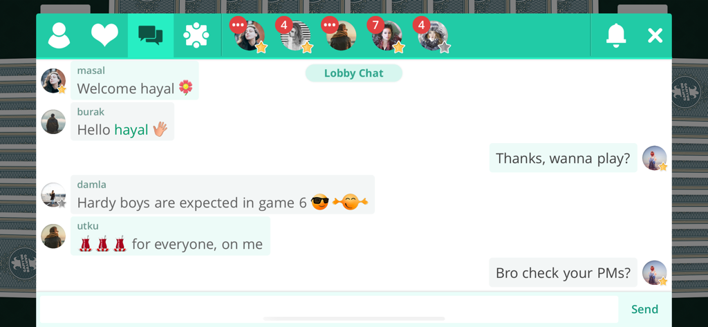 A digital lobby chat interface in the King & Rıfkı card game app showing social interactions and user messages.