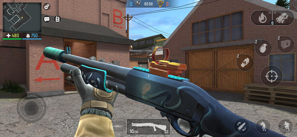 Modern Ops: Online Gun FPS - Modern Opsの都市戦ゾーンで、青いスキンを持つカスタマイズされたショットガンを持つプレイヤーをファーストパーソン視点で表示。