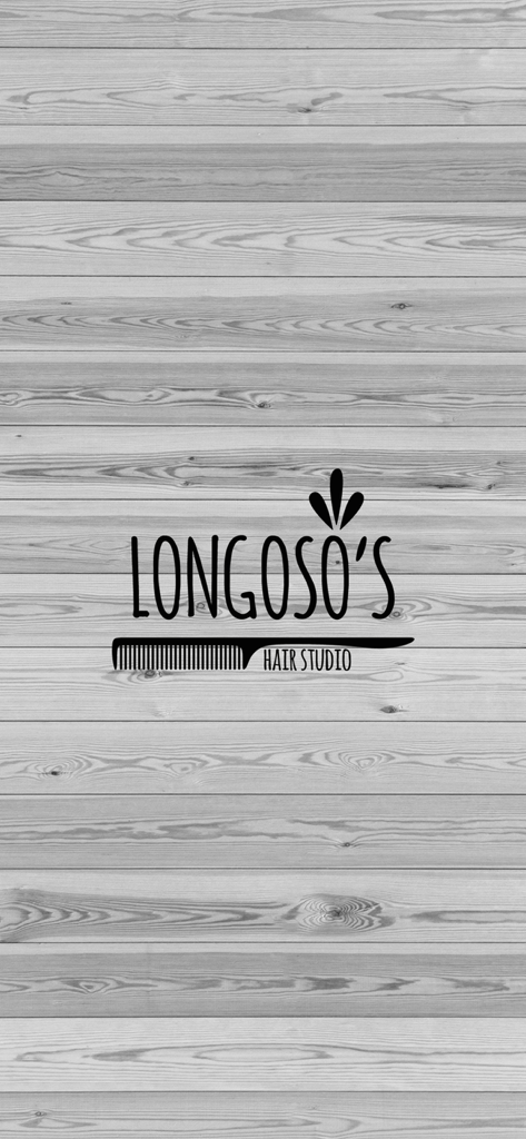 Bewe para clientes - Longoso's Hair Studio logo with a comb icon on a gray wood plank background.