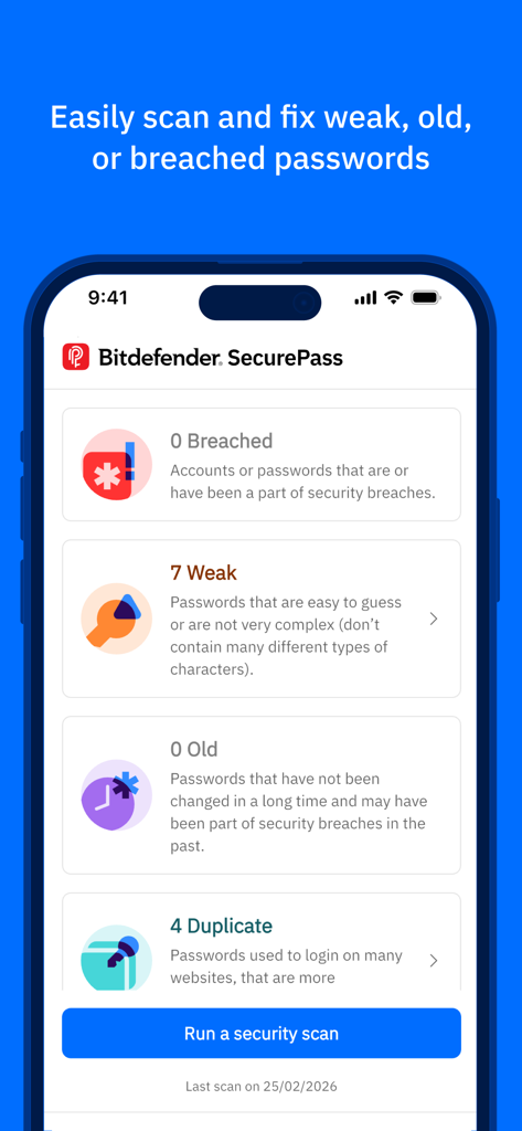 Bitdefender SecurePass - Interfaccia di scansione di sicurezza di Bitdefender SecurePass che mostra lo stato di salute delle password, inclusi avvisi per password deboli e duplicate